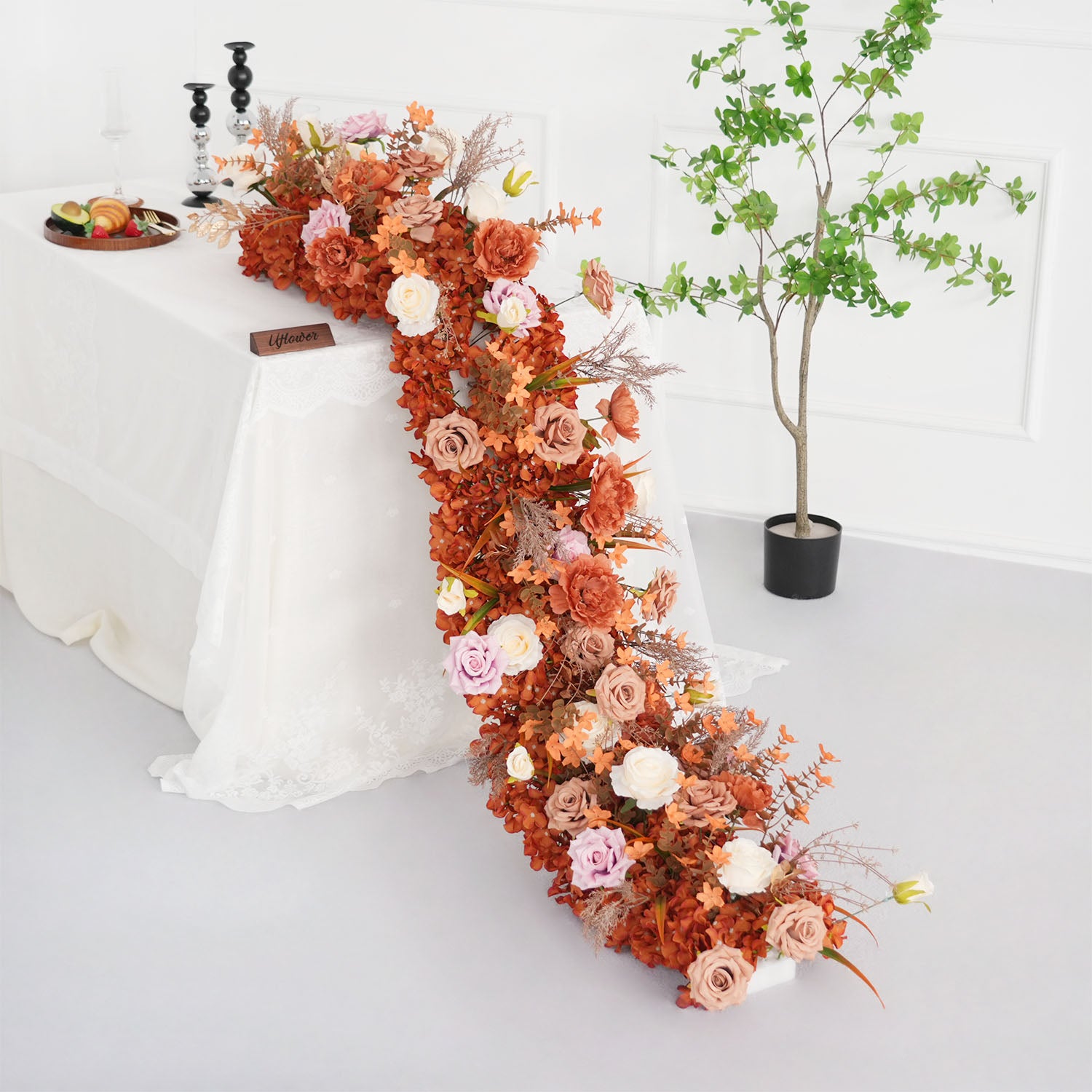 Uflower Artificial Autumn Brown Flower Row Sofa Table Runner Floor Flower Arrangement